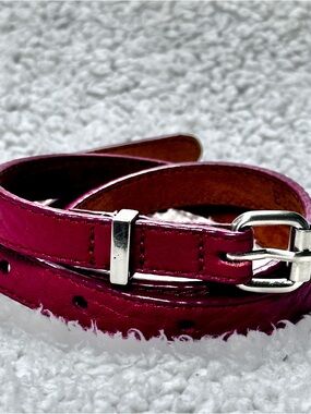 Cole Haan Belt Skinny Dark Red Pebbled Leather Silver Tone Buckle Size S